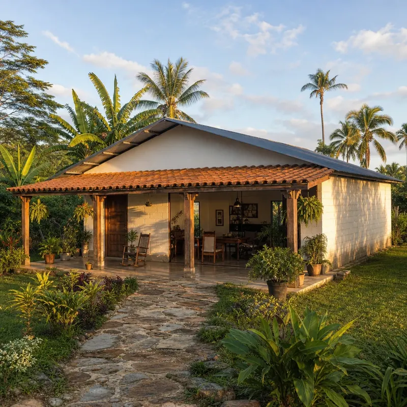 Render exterior — Casa Costeña con Enramada